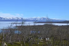 Photo of landscape with vegetation, a lake and snow clad mountains. Photo.