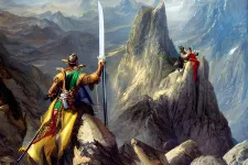 painting of a man with a sword standing on top of a mountain. AI